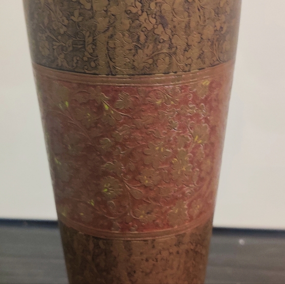 Antique Detail Hand Engraved/Painted India Brass/Copper Vase, 12" T X 2 3/4" - Picture 3 of 8